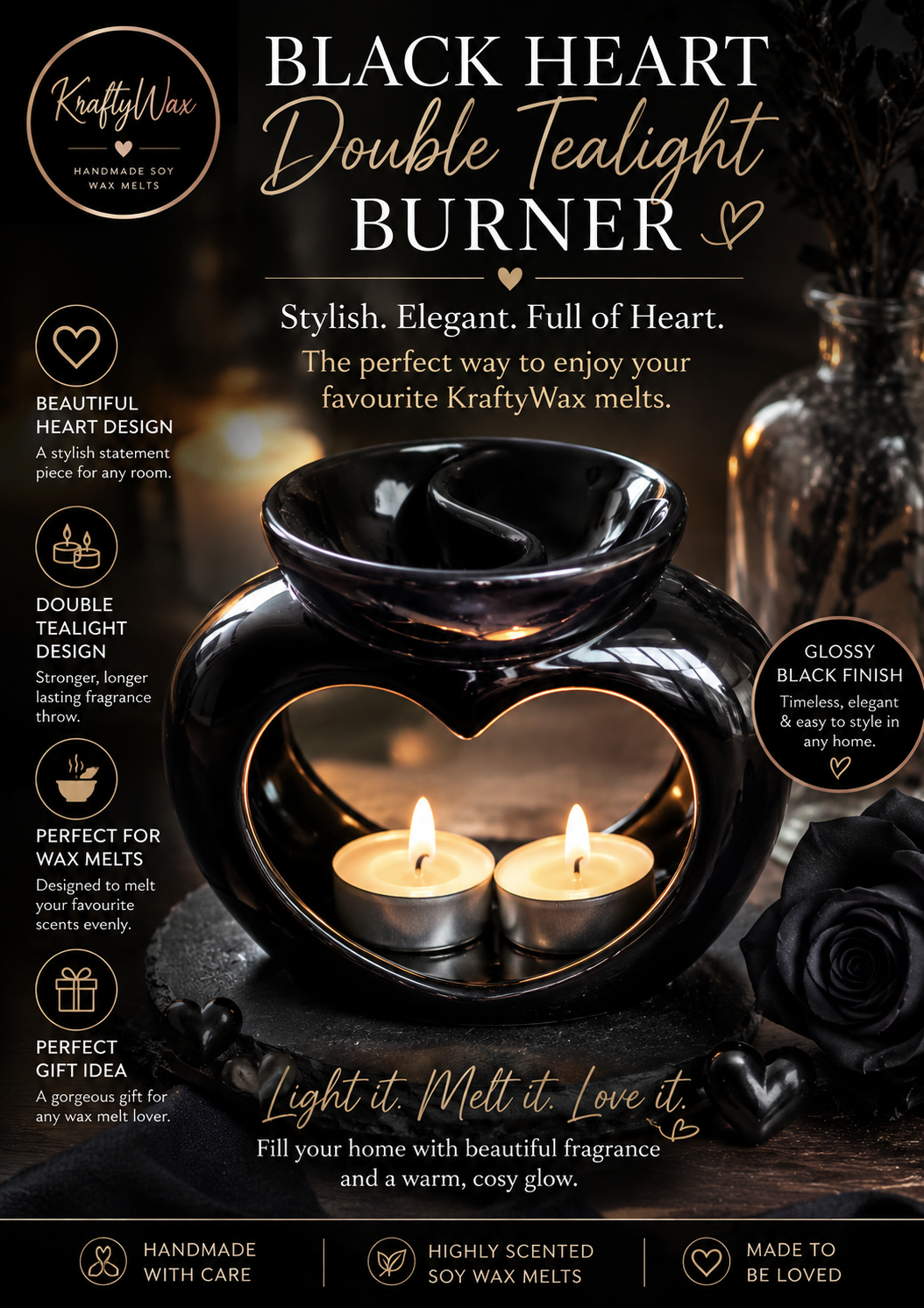 Black Heart Double Well Wax/Oil Tea light Burner