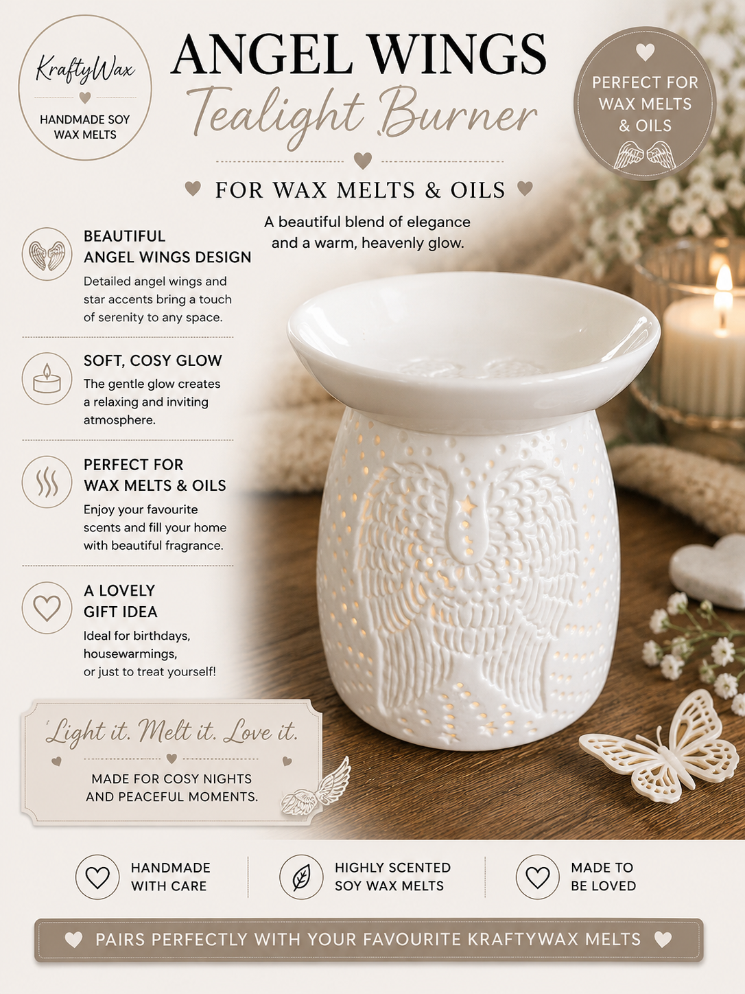 White Angel Wings Wax/Oil Tea light Burner