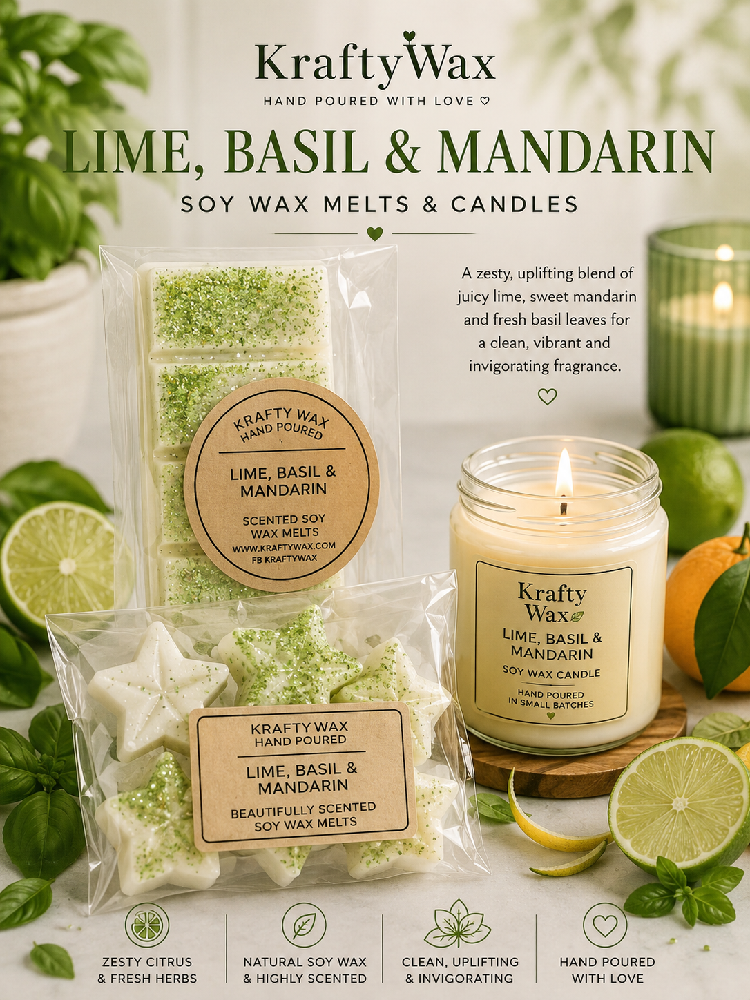 Kraftywax Lime Basil & Mandarin scented products