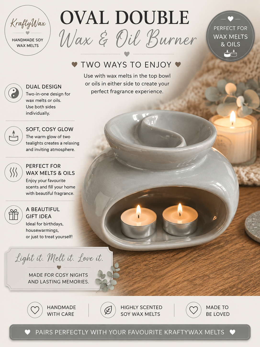 Grey Oval Double Well Wax/Oil Tea light Burner