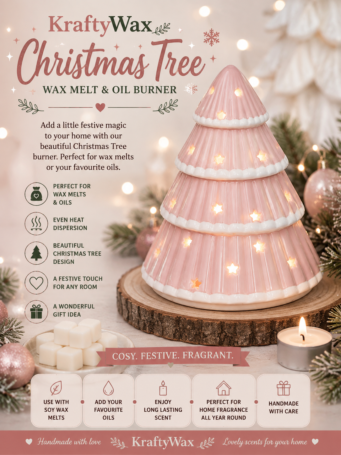 Pink Christmas Tree Wax/Oil Tea light Burner