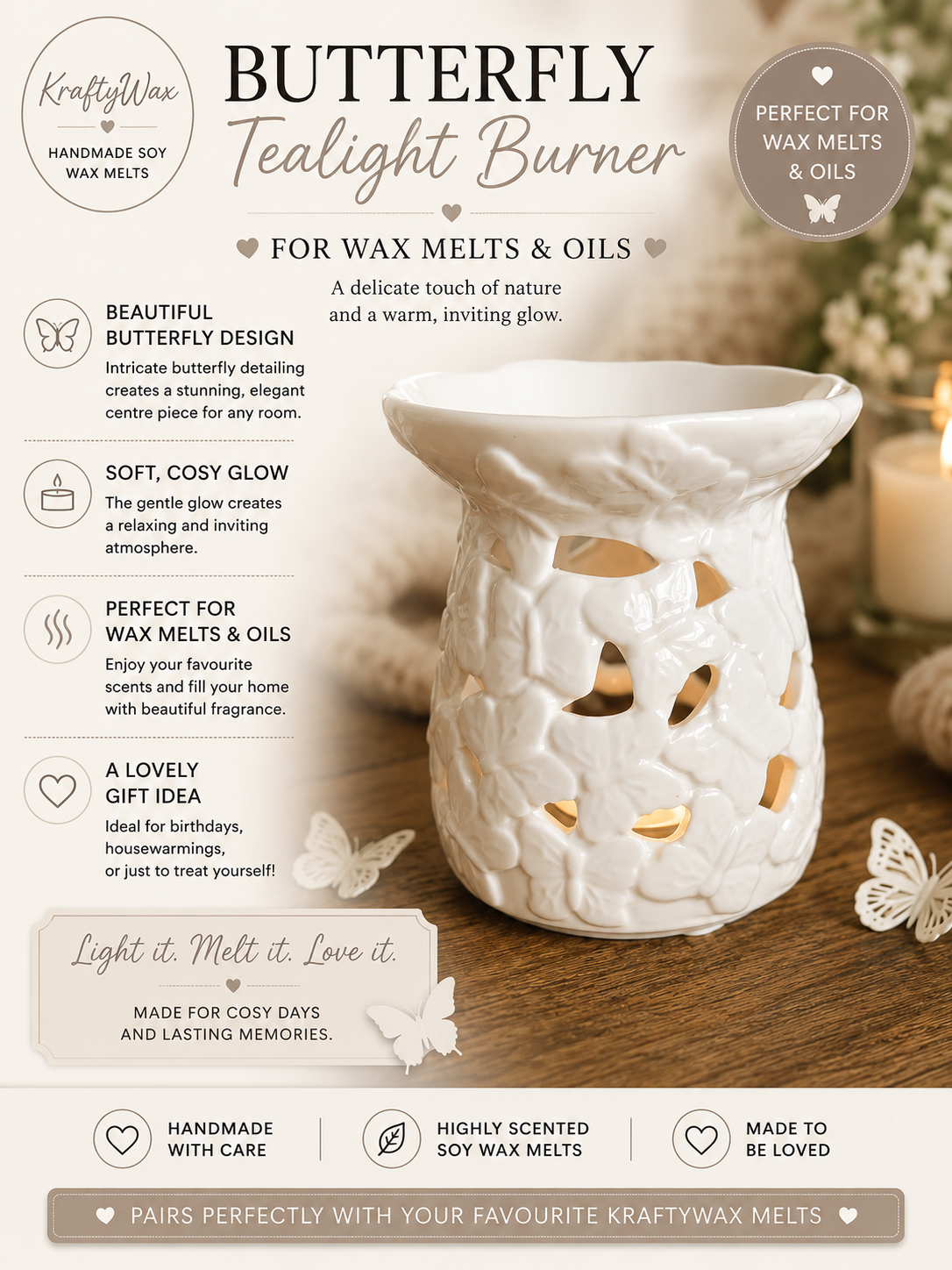 White Butterfly Wax/Oil Tea light Burner
